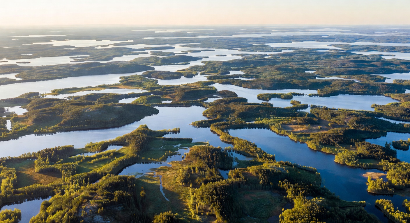Aerial view of thousands of lakes in Tampere region
