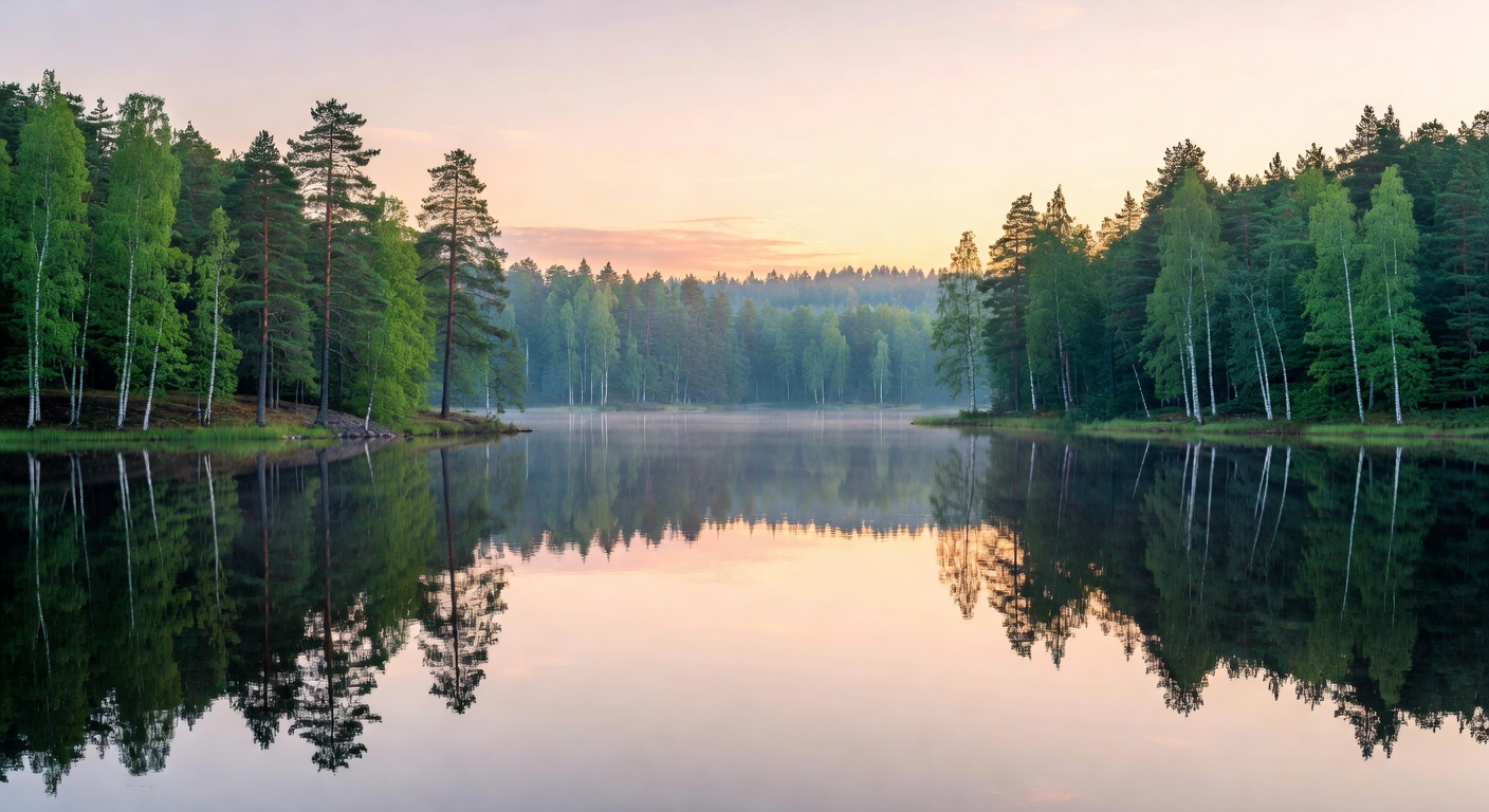 Stunning view of a vast Finnish forest and tranquil lake at sunset
