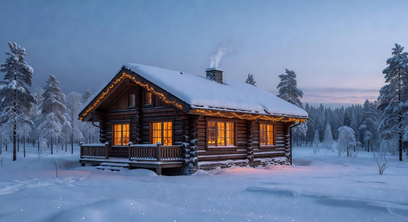 Beautiful winter log cabin in snowy Lapland with warm glowing lights
