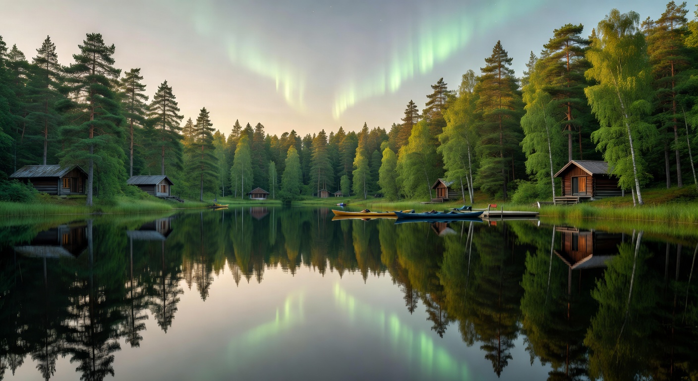 Calm summer lake reflecting green trees in Finland