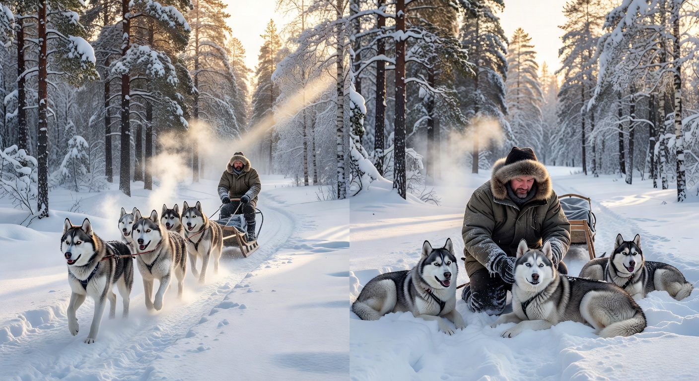 Dog sledding through a pristine winter forest in Lapland