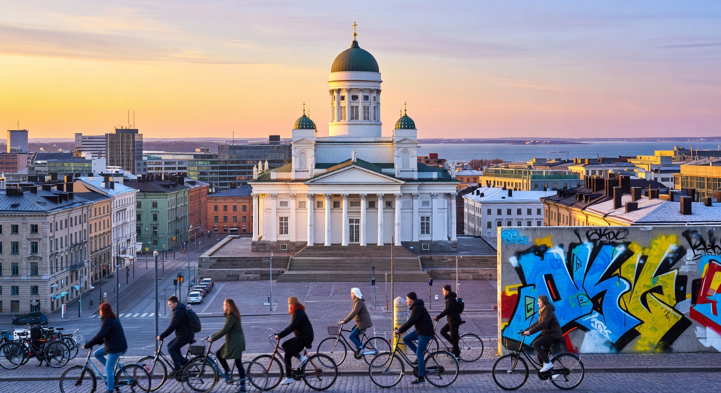 Helsinki Cathedral prominent in the city skyline