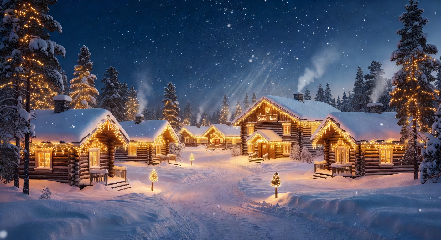 Santa Claus Village lit up in Rovaniemi winter