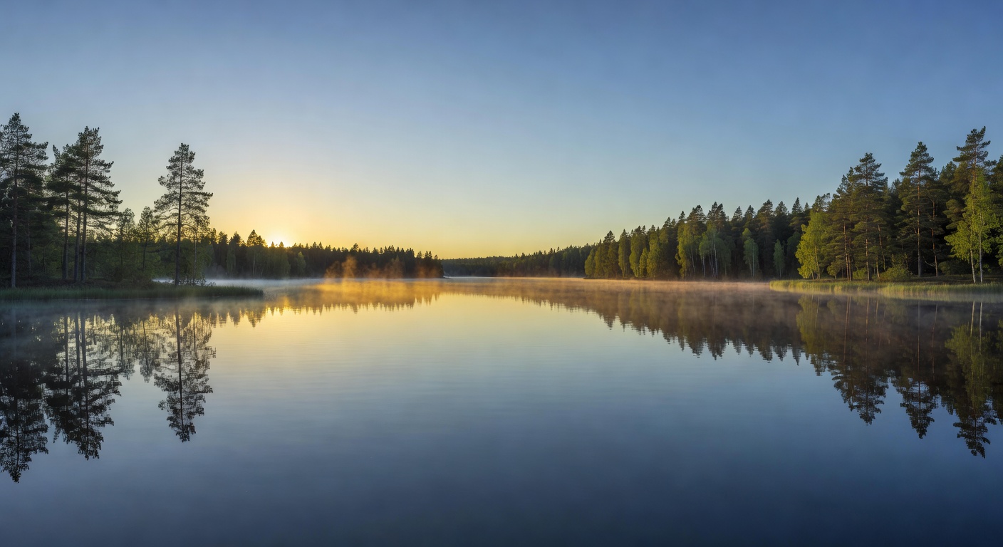 Serene view of a calm Finnish lake during the bright summer midnight sun