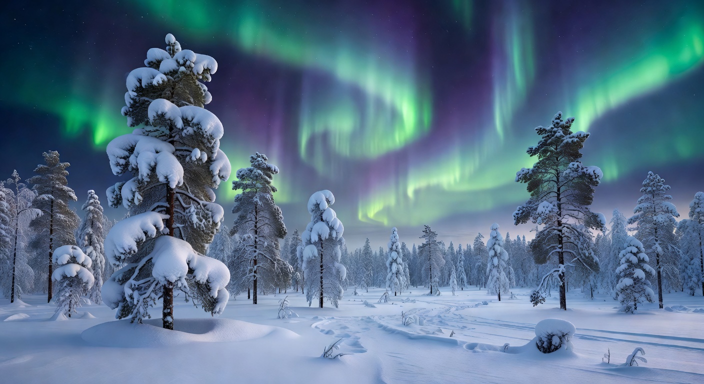 Snowy pine trees in Lapland wilderness