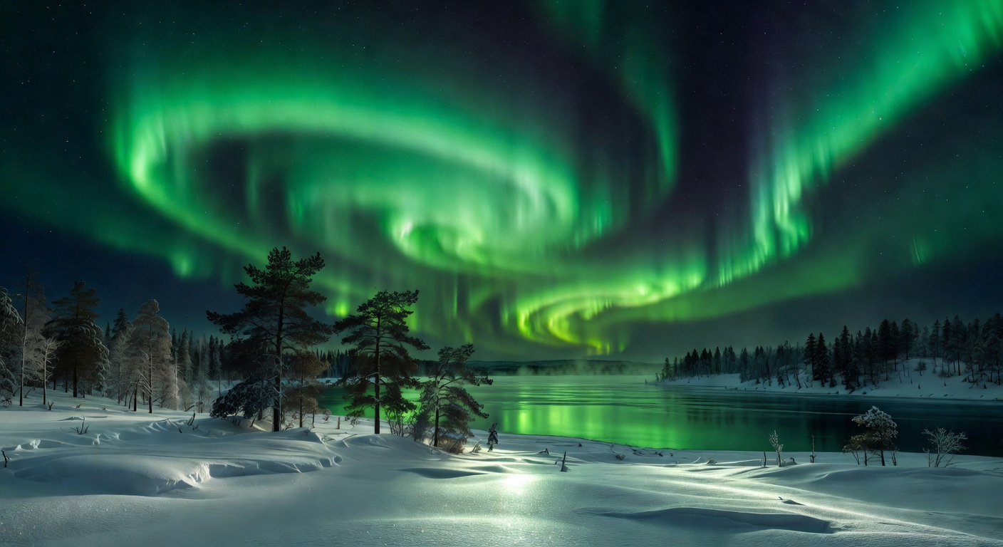 Vibrant green northern lights illuminating the night sky